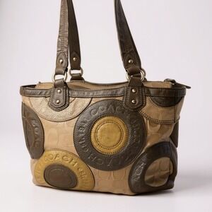 Coach Signature Circle Patchwork Leather Shoulder Bag Khaki Gold